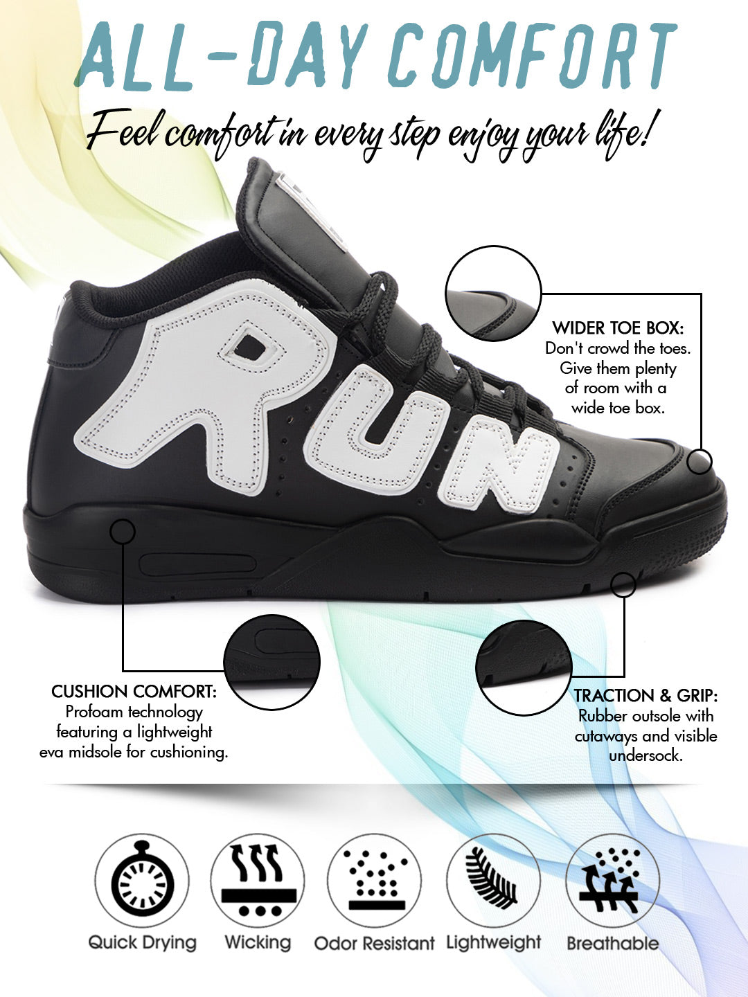 RUN SEVEN ( by GO21 ) Soft Insole, Slip-Resistance|Walking Casual Sneakers For Men (RUN1035 BLACK )